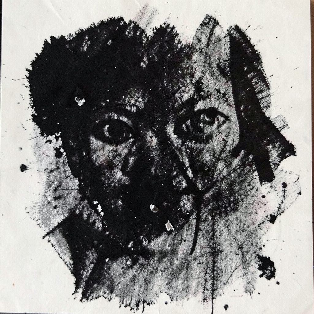 Minimal charcoal drawing of a laboratory still life, moody dark tones.