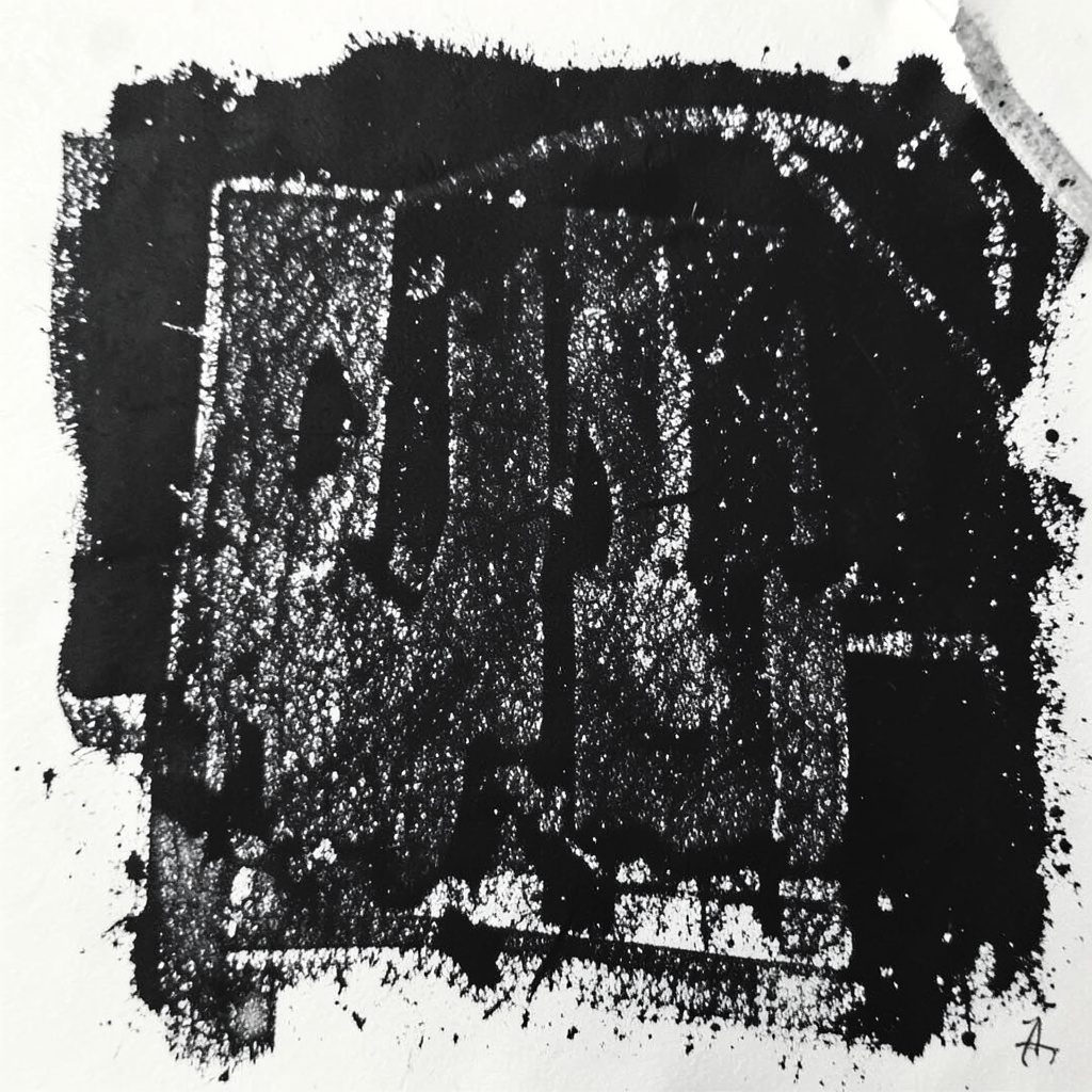 Bold charcoal sketch of botanical forms, dark grey and light grey composition.